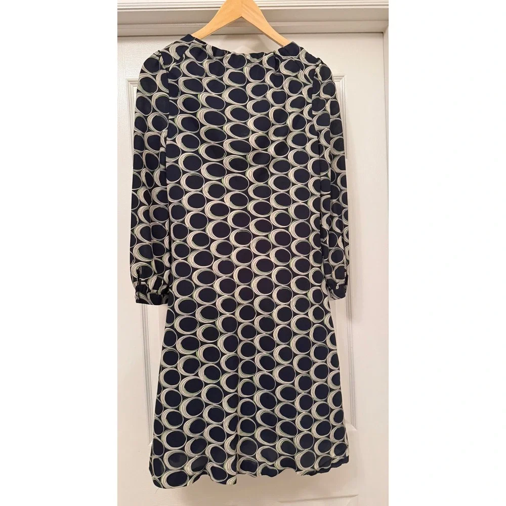 Moulinette Soeurs Dress Women 0 Navy Blue Geometric Circle Ruffle Tie Neck Shift